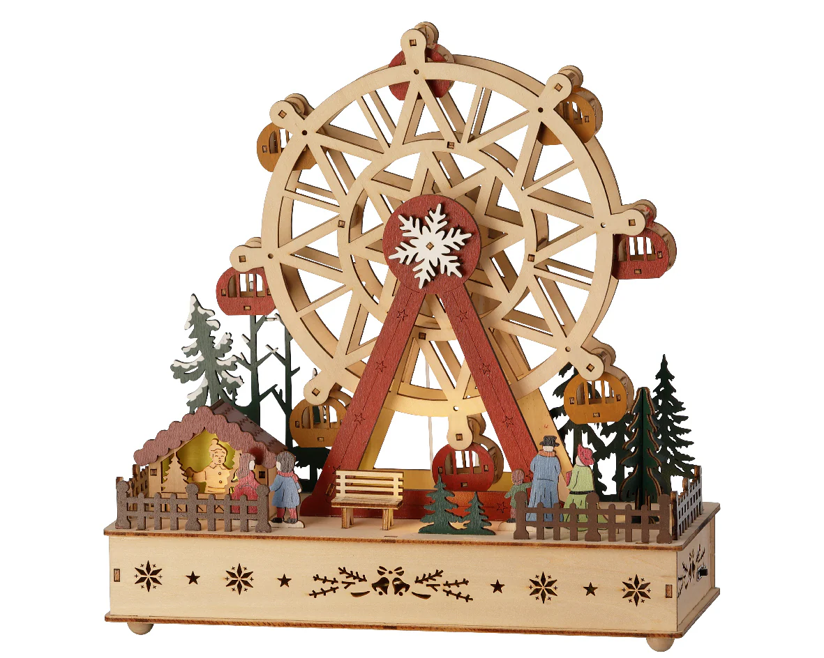 Wooden Warm White Light Up Animated Ferris Wheel with Music & Motion - Battery Operated - Image 2