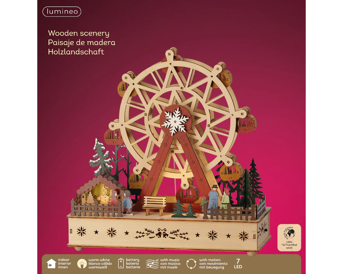 Wooden Warm White Light Up Animated Ferris Wheel with Music & Motion - Battery Operated - Image 3