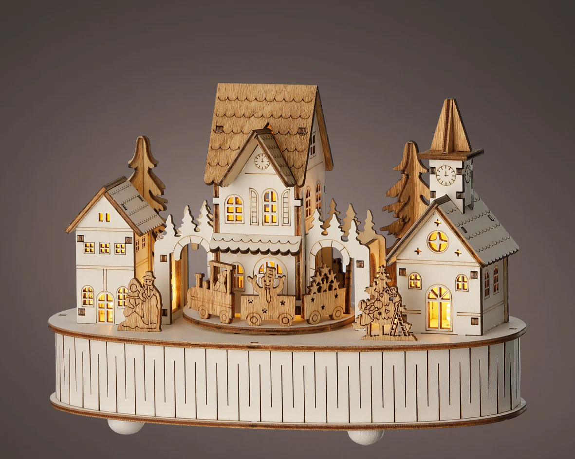 Wooden Warm White Light Up Christmas House Scene with Music & Motion - Battery Operated
