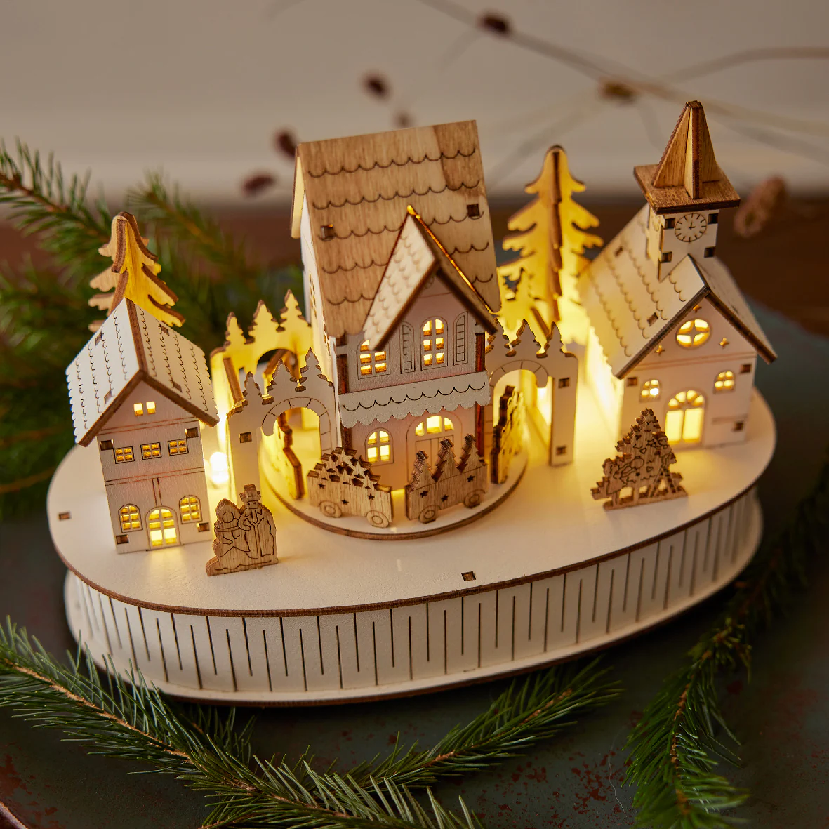 Wooden Warm White Light Up Christmas House Scene with Music & Motion - Battery Operated - Image 2