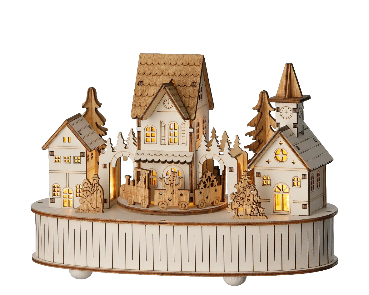 Wooden Warm White Light Up Christmas House Scene with Music & Motion - Battery Operated - Image 3
