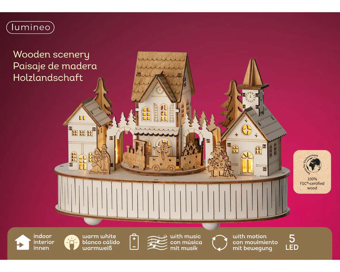 Wooden Warm White Light Up Christmas House Scene with Music & Motion - Battery Operated - Image 4
