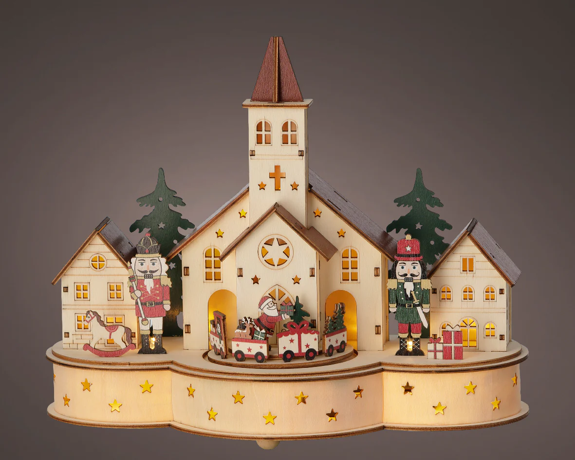Wooden Warm White Light Up Nutcracker Animated Christmas Scene with Music & Motion - Battery Operated