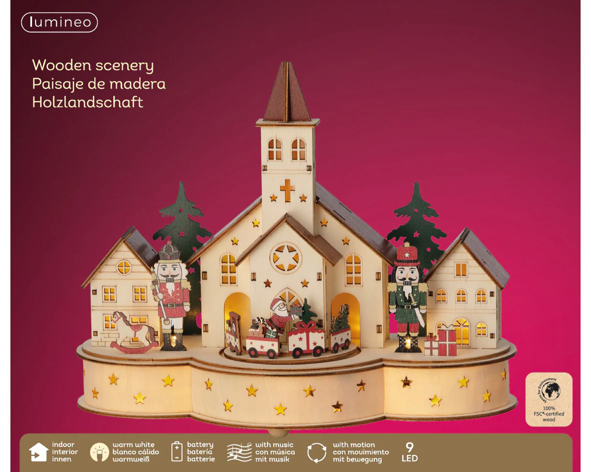 Wooden Warm White Light Up Nutcracker Animated Christmas Scene with Music & Motion - Battery Operated - Image 3