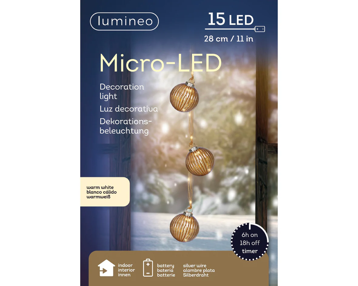 Warm White Micro LED Bauble Light Bundle with Brown Ribbon - 28cm 15 LEDs - Image 3