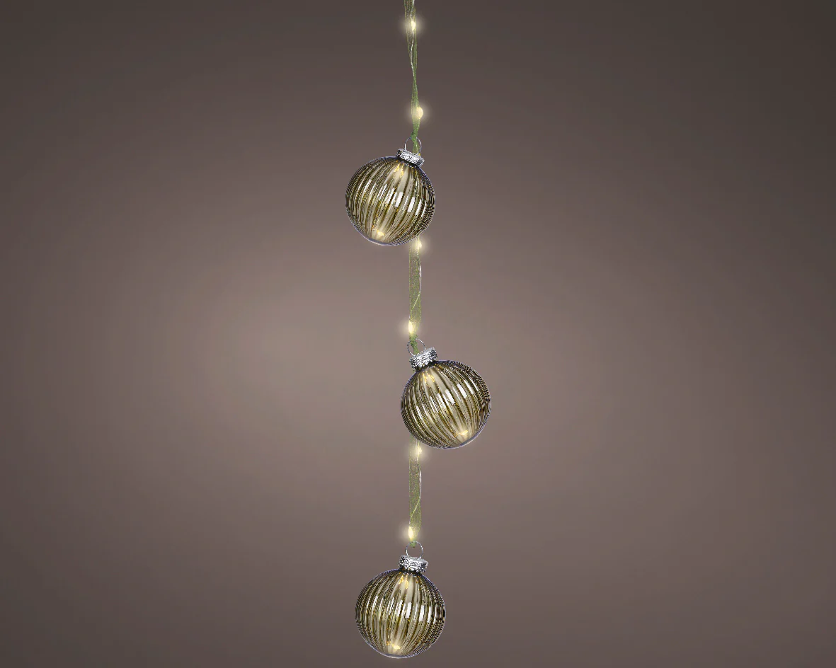 Warm White Micro LED Bauble Light Bundle with Green Ribbon - 28cm 15 LEDs