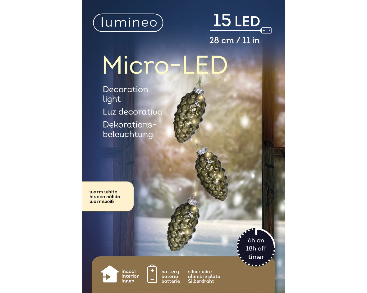 Warm White Micro LED Pinecone Bauble Light Bundle with Green Ribbon - 28cm 15 LEDs - Image 3