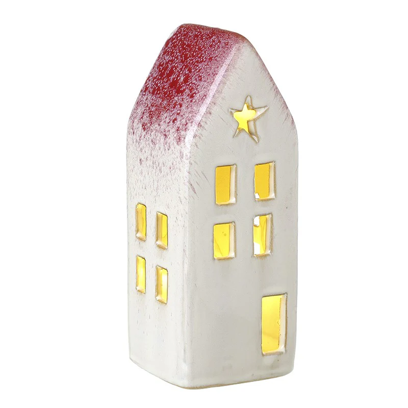 Ceramic White House with Red Roof & LED Lights