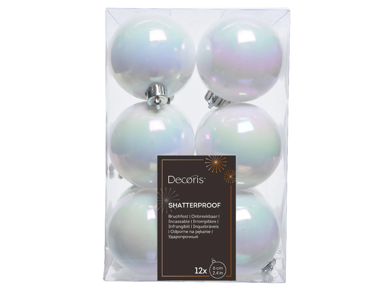 White Iridescent Shatterproof Shiny Baubles - Box of 12