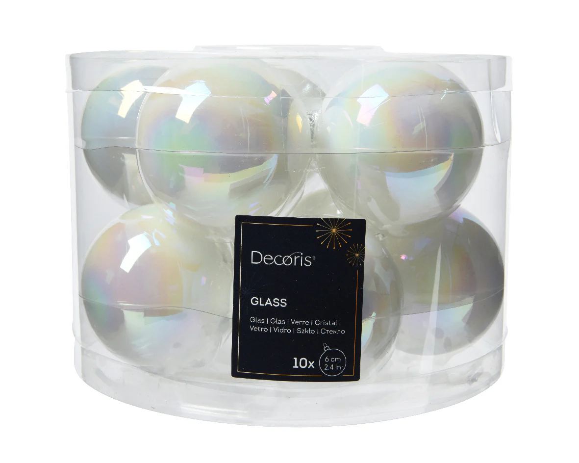 White Iridescent Shiny 6cm Glass Baubles - Tube of 10