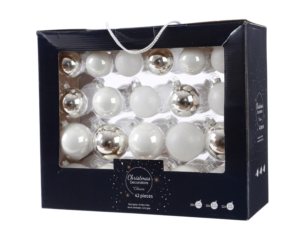 White / Silver Assorted Glass Baubles in Shiny, Matt, Transparent, Glitter Mix - Box of 42