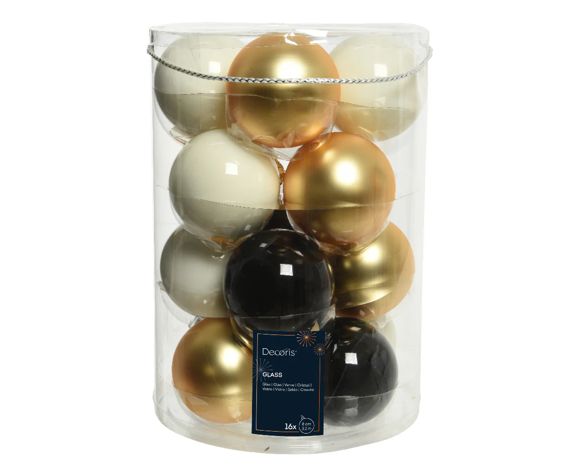 Set of 16 Winter White, Gold and Black Glass Baubles - 8cm