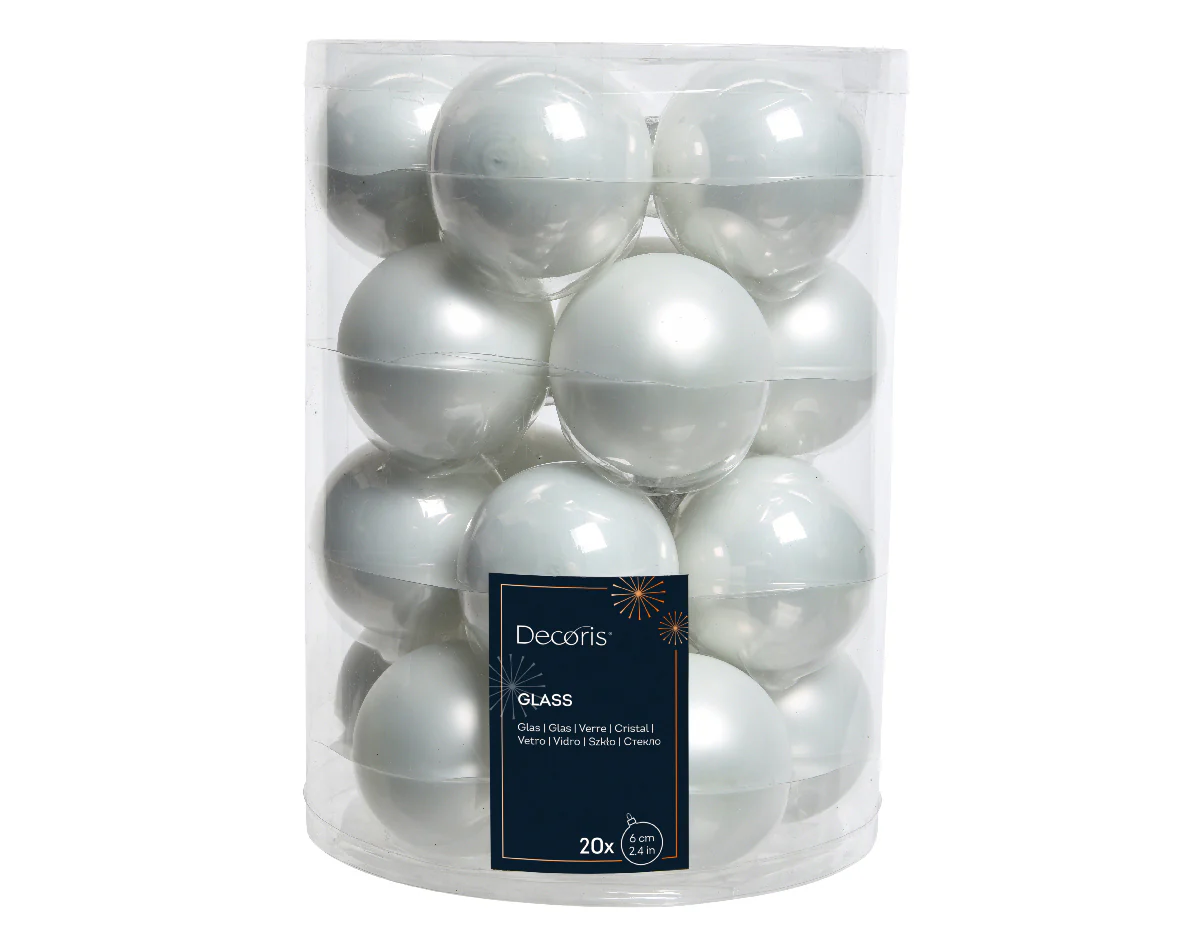 Winter White Mixed 6cm Glass Baubles - Tube of 20