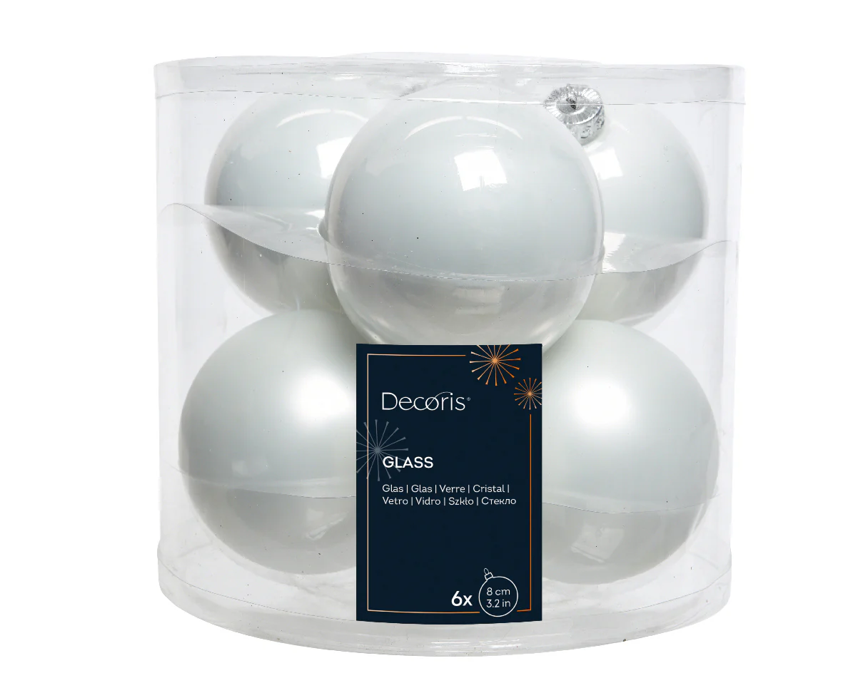Winter White Mixed 8cm Glass Baubles - Tube of 6 8cm
