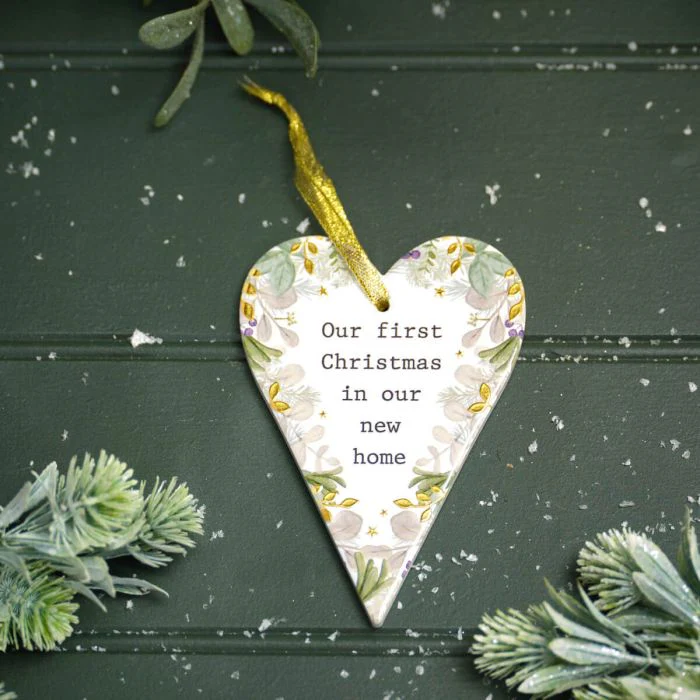 With Love At Christmas In Our First Home Raised Design With Gold Ceramic Heart Hanger