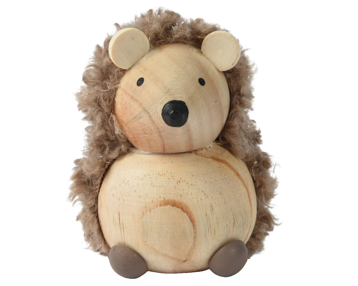Wooden Hedgehog with Brown Fur Tabletop Decoration