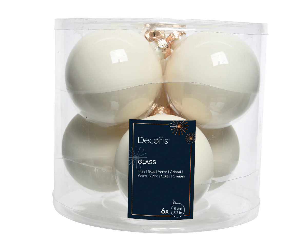 Wool White Glass Baubles Shiny & Matte 8cm - Tube of 6